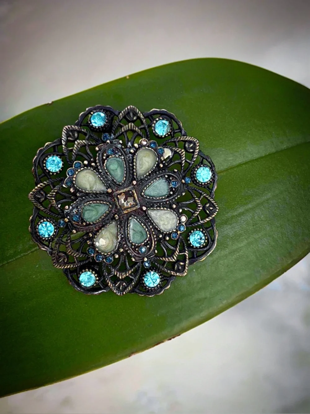 Vintage Filigree Brooch - Blue Rhinestone & Pastel Cabochon Pin